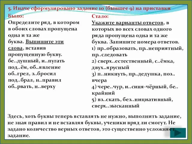 5. Иначе сформулировано задание 10 (бывшее 9) на приставки Было: