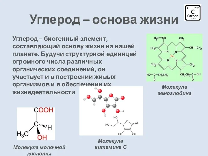 Углерод – основа жизни Углерод – биогенный элемент, составляющий основу