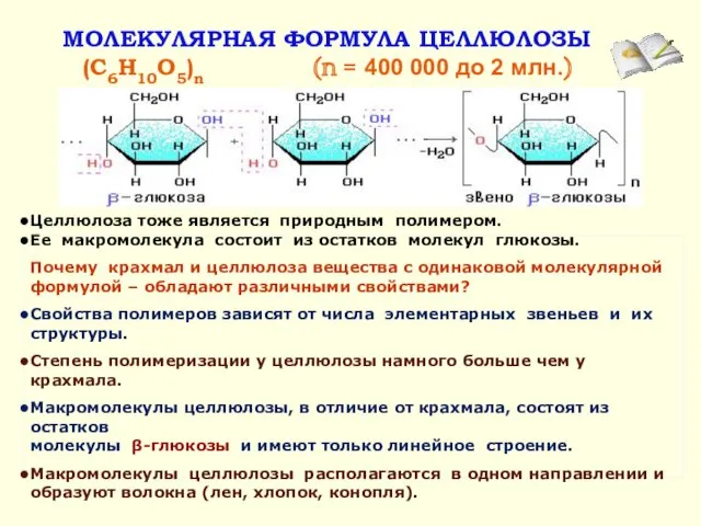 МОЛЕКУЛЯРНАЯ ФОРМУЛА ЦЕЛЛЮЛОЗЫ (C6H10O5)n (n = 400 000 до 2