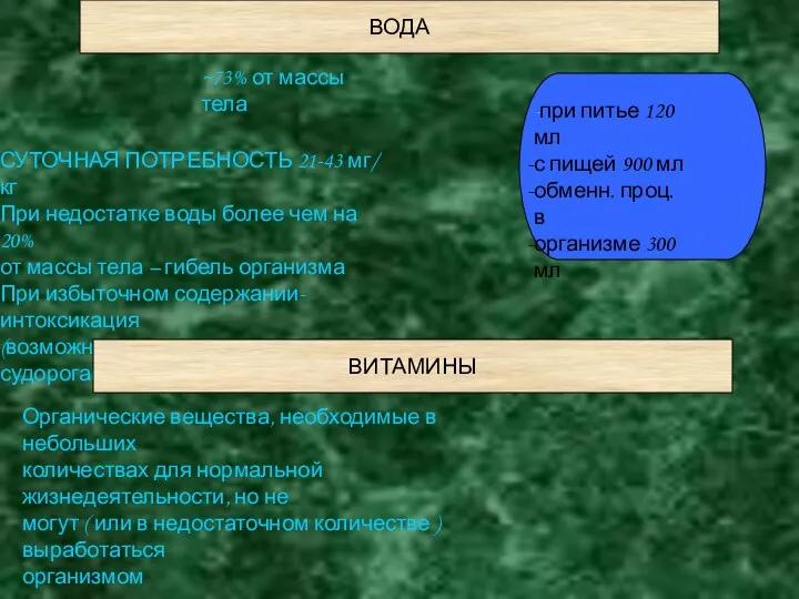 ВОДА ~73% от массы тела СУТОЧНАЯ ПОТРЕБНОСТЬ 21-43 мг/ кг