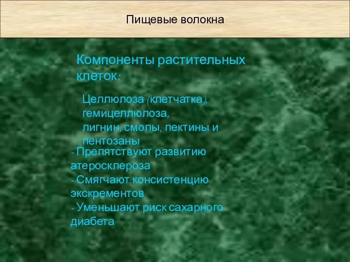 Пищевые волокна Компоненты растительных клеток: Целлюлоза (клетчатка), гемицеллюлоза, лигнин, смолы, пектины и пентозаны