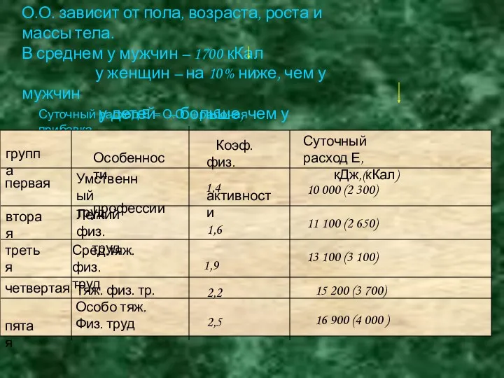 Суточный расход Е = О.О. + рабочая прибавка группа Особенности профессии Коэф. физ.