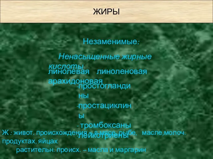 ЖИРЫ Незаменимые: линолевая линоленовая арахидоновая Ненасыщенные жирные кислоты простогландины простациклины тромбоксаны лейкотриены Ж