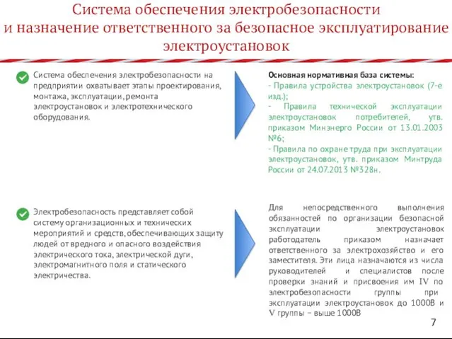 Система обеспечения электробезопасности и назначение ответственного за безопасное эксплуатирование электроустановок