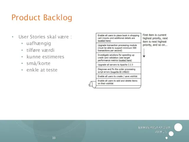 Product Backlog User Stories skal være : uafhængig tilføre værdi kunne estimeres små/korte enkle at teste