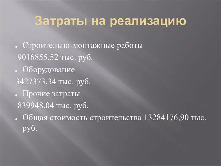 Затраты на реализацию Строительно-монтажные работы 9016855,52 тыс. руб. Оборудование 3427373,34
