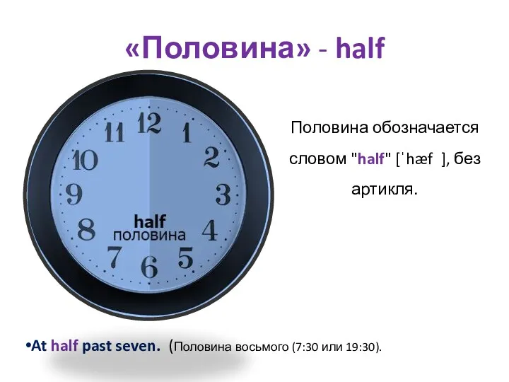«Половина» - half Половина обозначается словом "half" [ˈhæf ], без