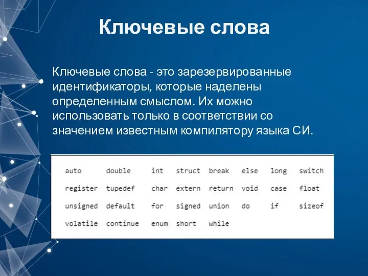 Ключевые слова Ключевые слова - это зарезервированные идентификаторы, которые наделены