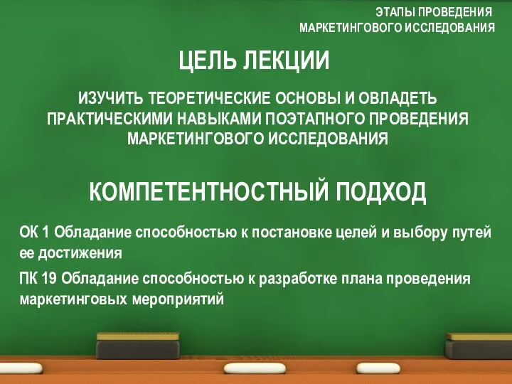 ЭТАПЫ ПРОВЕДЕНИЯ МАРКЕТИНГОВОГО ИССЛЕДОВАНИЯ ЦЕЛЬ ЛЕКЦИИ ИЗУЧИТЬ ТЕОРЕТИЧЕСКИЕ ОСНОВЫ И