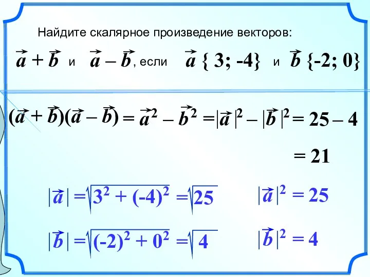 Найдите скалярное произведение векторов: и , если и = 25 – 4 = 21