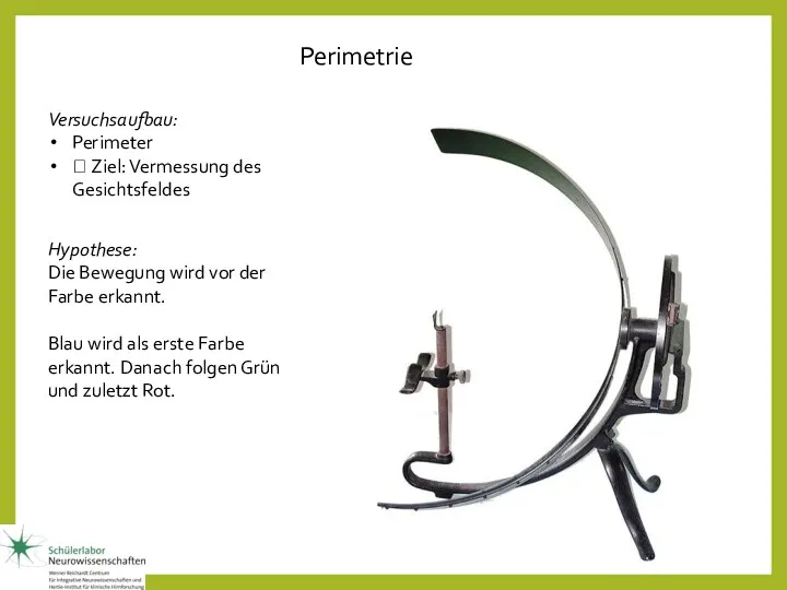 Perimetrie Versuchsaufbau: Perimeter ? Ziel: Vermessung des Gesichtsfeldes Hypothese: Die