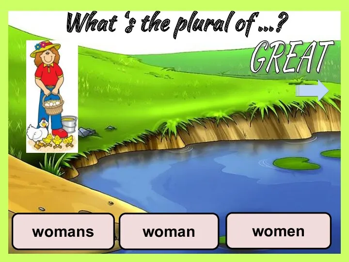 What ‘s the plural of …? woman women womans GREAT