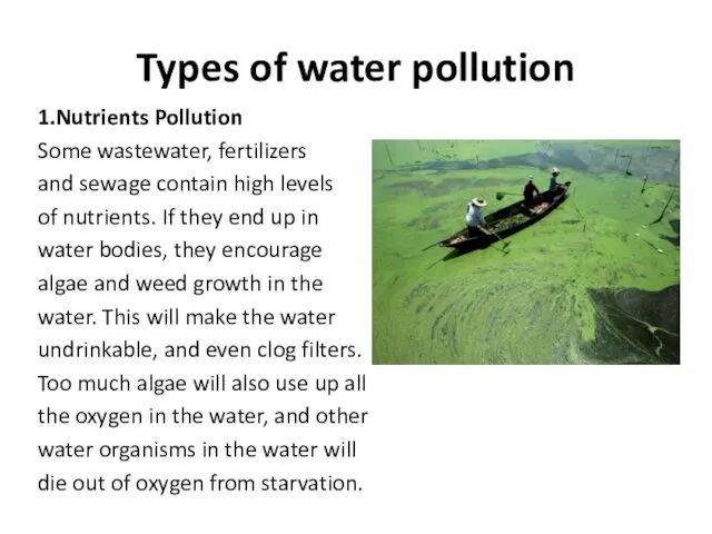 Types of water pollution 1.Nutrients Pollution Some wastewater, fertilizers and