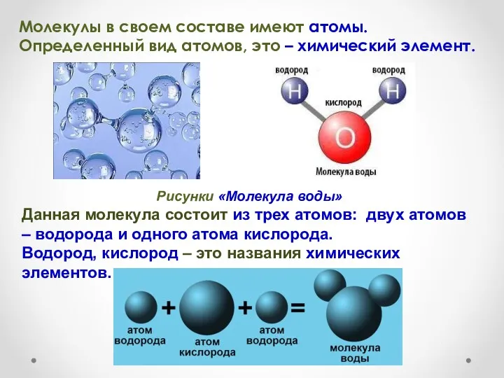 Молекулы в своем составе имеют атомы. Определенный вид атомов, это