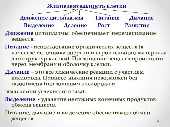 Жизнедеятельность клетки Движение цитоплазмы Питание Дыхание Выделение Деление Рост Развитие