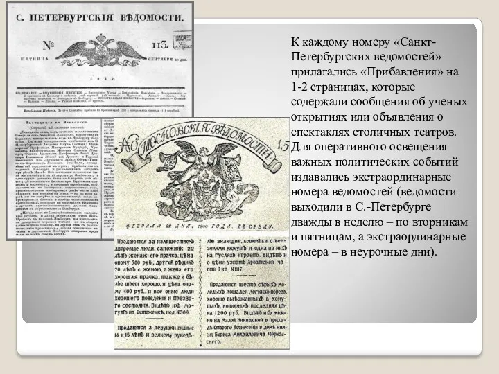 К каждому номеру «Санкт-Петербургских ведомостей» прилага­лись «Прибавления» на 1-2 страницах, которые содержали сообще­ния