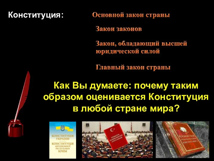 Конституция: Как Вы думаете: почему таким образом оценивается Конституция в любой стране мира?