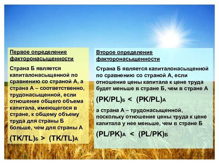 Первое определение факторонасыщенности Страна Б является капиталонасыщенной по сравнению со