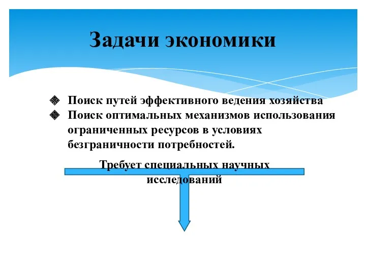 Задачи экономики Поиск путей эффективного ведения хозяйства Поиск оптимальных механизмов