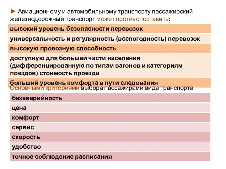 ► Авиационному и автомобильному транспорту пассажирский железнодорожный транспорт может противопоставить: