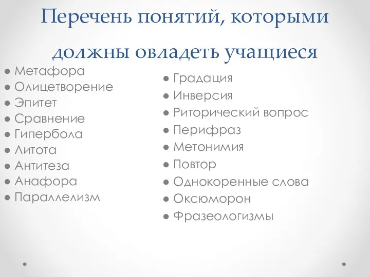 Перечень понятий, которыми должны овладеть учащиеся ● Метафора ● Олицетворение