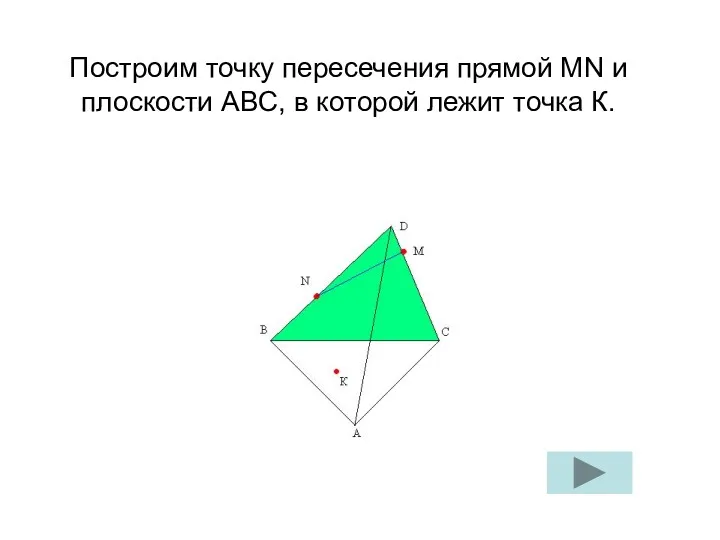 Построим точку пересечения прямой MN и плоскости ABC, в которой лежит точка К.