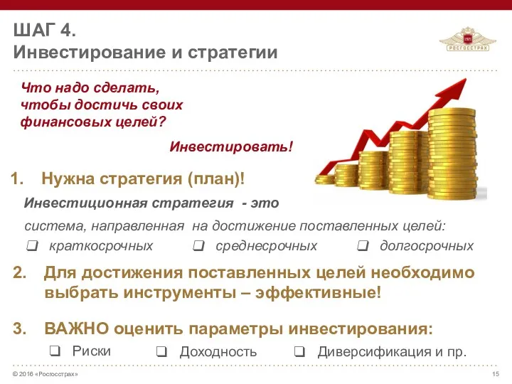 ШАГ 4. Инвестирование и стратегии © 2016 «Росгосстрах» Нужна стратегия