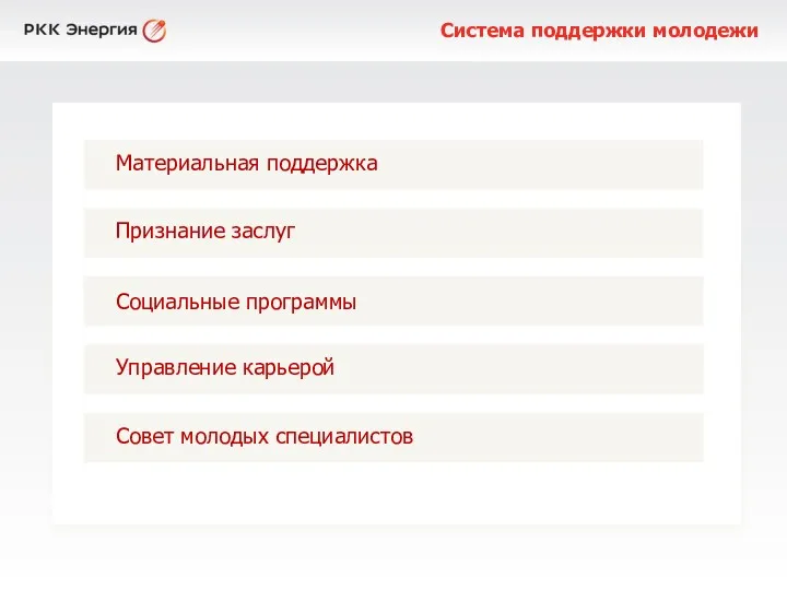 Система поддержки молодежи Материальная поддержка Признание заслуг Социальные программы Управление карьерой Совет молодых специалистов