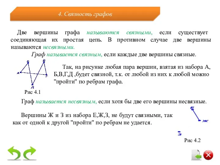 Две вершины графа называются связными, если существует соединяющая их простая цепь. В противном