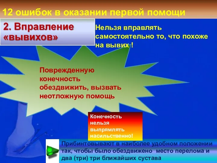 12 ошибок в оказании первой помощи Нельзя вправлять самостоятельно то,