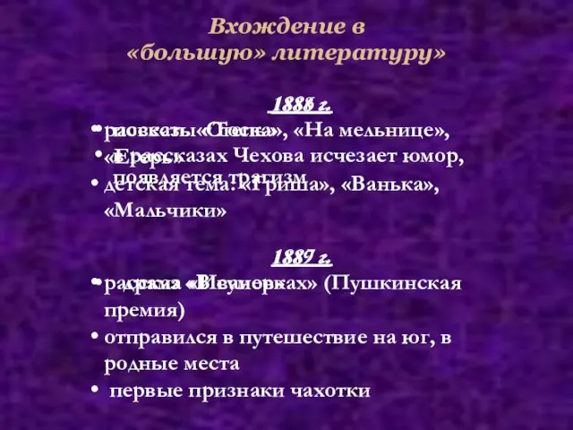 1887 г. рассказ «В сумерках» (Пушкинская премия) отправился в путешествие
