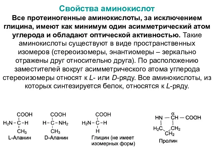 Свойства аминокислот Все протеиногенные аминокислоты, за исключением глицина, имеют как