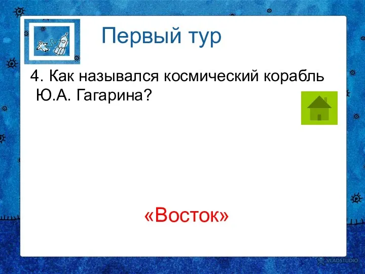 4. Как назывался космический корабль Ю.А. Гагарина? Первый тур «Восток»