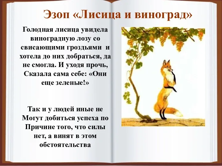 Голодная лисица увидела виноградную лозу со свисающими гроздьями и хотела