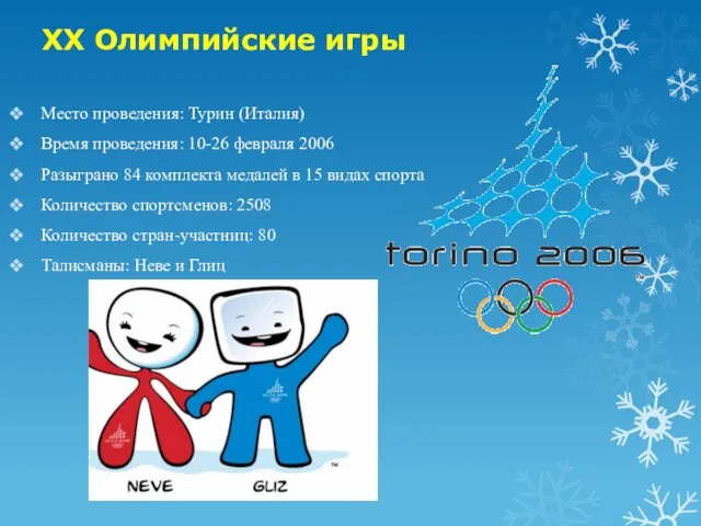 XX Олимпийские игры Место проведения: Турин (Италия) Время проведения: 10-26 февраля 2006 Разыграно