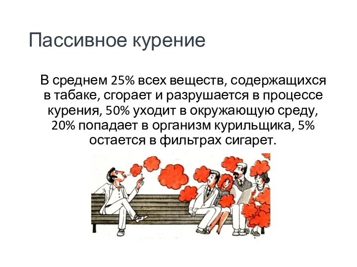 Пассивное курение В среднем 25% всех веществ, содержащихся в табаке,