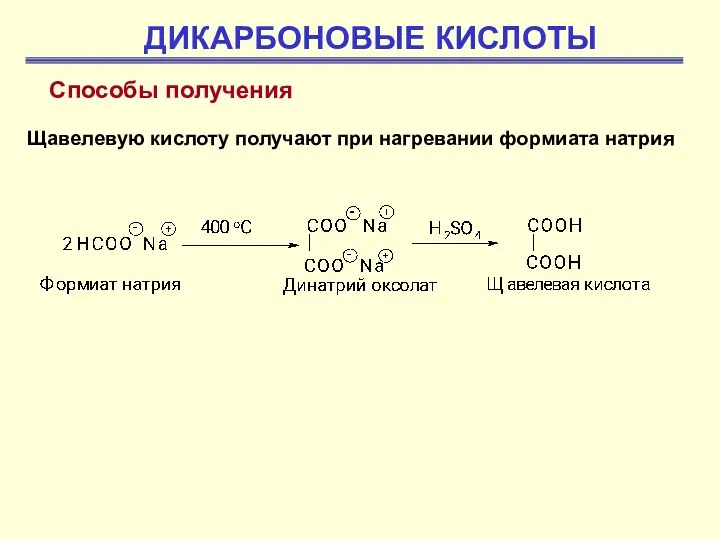 ДИКАРБОНОВЫЕ КИСЛОТЫ Способы получения Щавелевую кислоту получают при нагревании формиата натрия