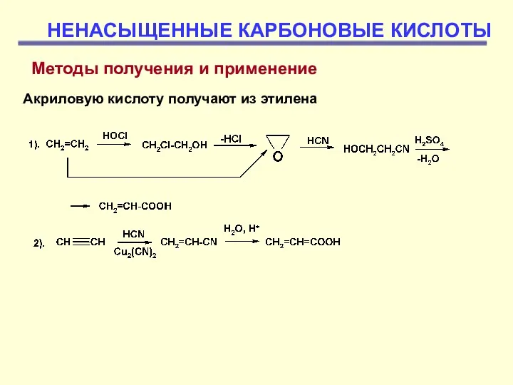 НЕНАСЫЩЕННЫЕ КАРБОНОВЫЕ КИСЛОТЫ Методы получения и применение Акриловую кислоту получают из этилена