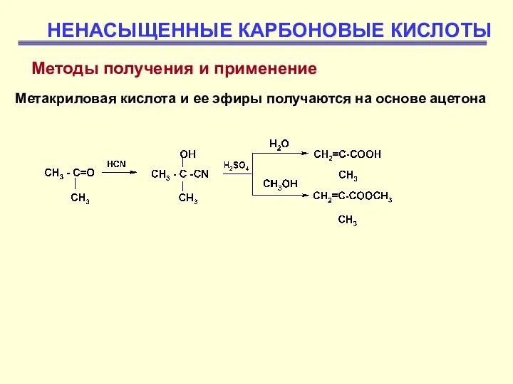 НЕНАСЫЩЕННЫЕ КАРБОНОВЫЕ КИСЛОТЫ Методы получения и применение Метакриловая кислота и ее эфиры получаются на основе ацетона