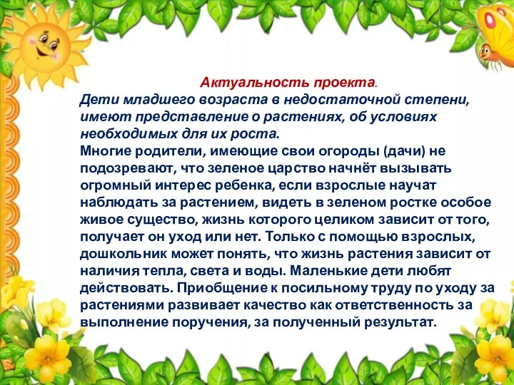 Актуальность проекта. Дети младшего возраста в недостаточной степени, имеют представление