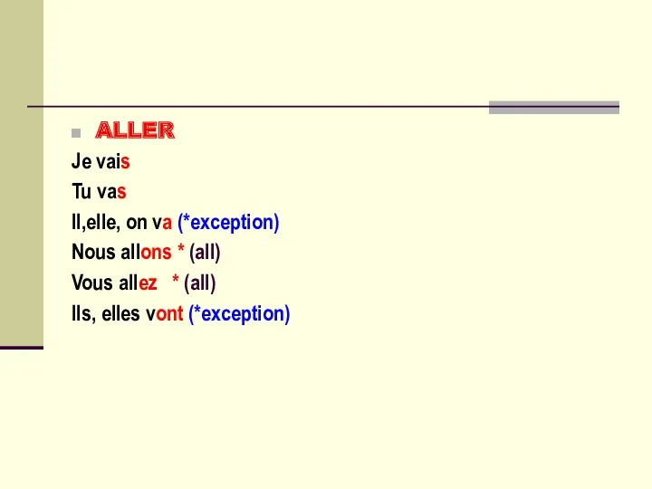 ALLER Je vais Tu vas Il,elle, on va (*exception) Nous