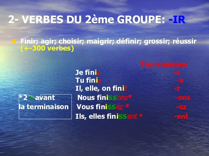 2- VERBES DU 2ème GROUPE: -IR Finir; agir; choisir; maigrir;