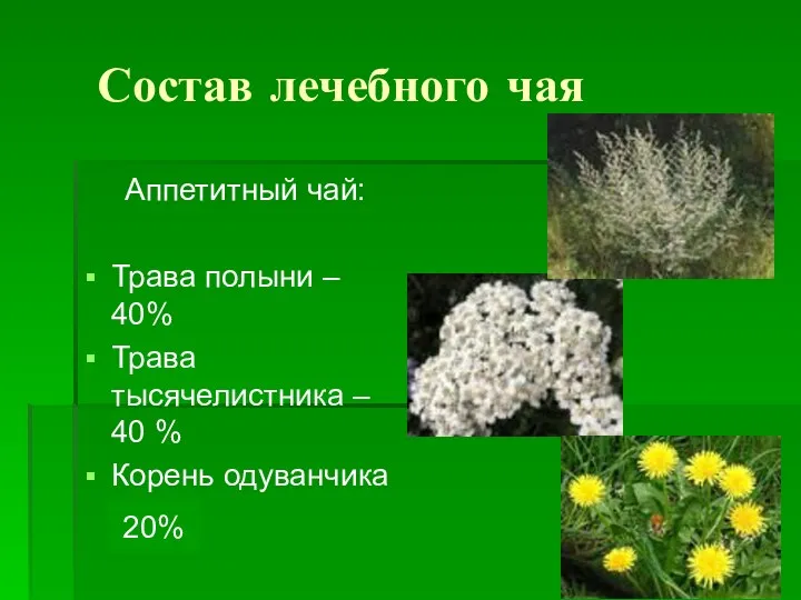 Состав лечебного чая Аппетитный чай: Трава полыни – 40% Трава