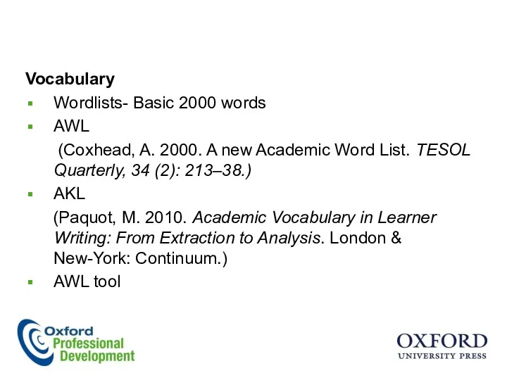 Vocabulary Wordlists- Basic 2000 words AWL (Coxhead, A. 2000. A