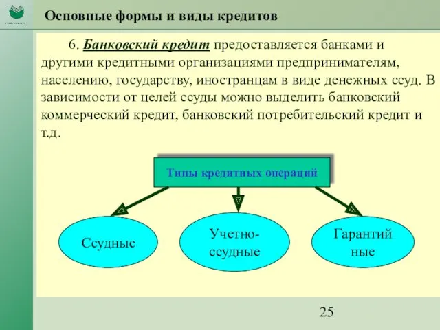 Основные формы и виды кредитов 6. Банковский кредит предоставляется банками