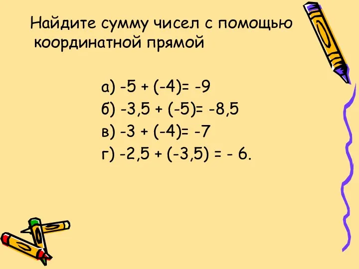 Найдите сумму чисел с помощью координатной прямой а) -5 +