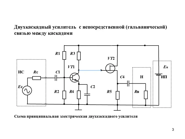 Двухкаскадный усилитель с непосредственной (гальванической) связью между каскадами R1 R3