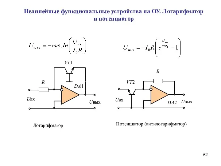 Нелинейные функциональные устройства на ОУ. Логарифматор и потенциатор