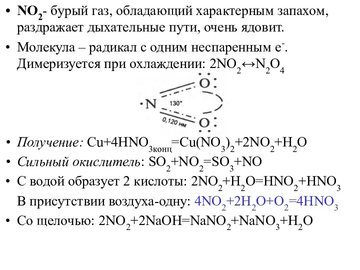 NO2- бурый газ, обладающий характерным запахом, раздражает дыхательные пути, очень