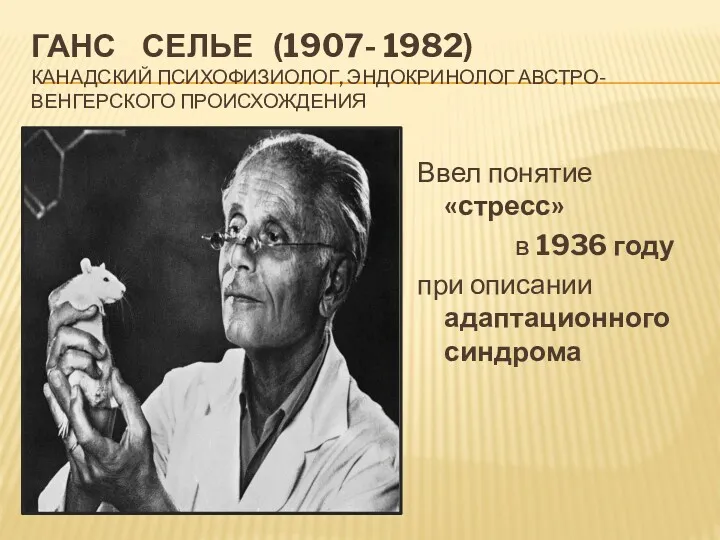 ГАНС СЕЛЬЕ (1907- 1982) КАНАДСКИЙ ПСИХОФИЗИОЛОГ, ЭНДОКРИНОЛОГ АВСТРО-ВЕНГЕРСКОГО ПРОИСХОЖДЕНИЯ Ввел